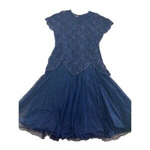 Vintage Neiman Marcus Blue Cap Sleeve Drop Waist Beaded Cocktail Dress - 1XL